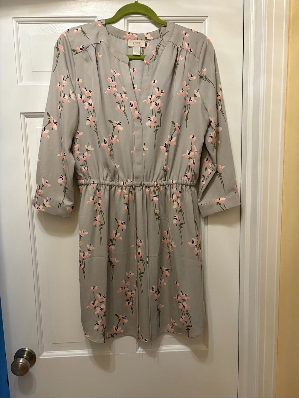 LOFT Gray Dress with Pink Floral Print and Tie Waist